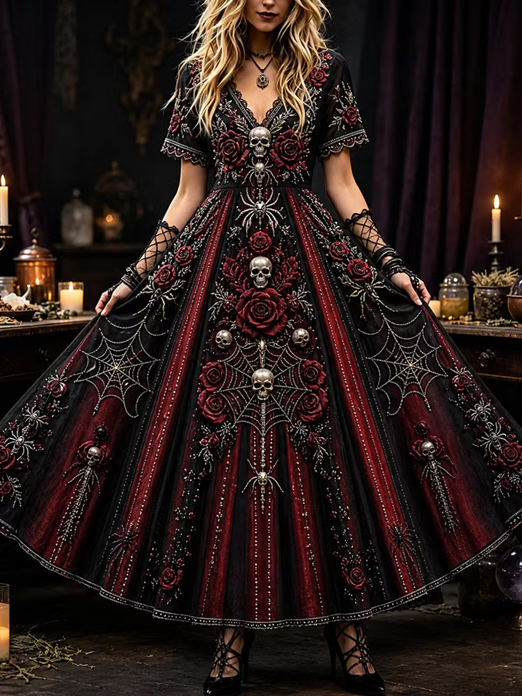 Women's Gothic Long-sleeved Dress, Decorated With Skull, Rose And Spider Web Patterns.