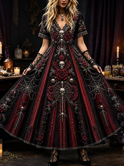 Women's Gothic Long-sleeved Dress, Decorated With Skull, Rose And Spider Web Patterns.