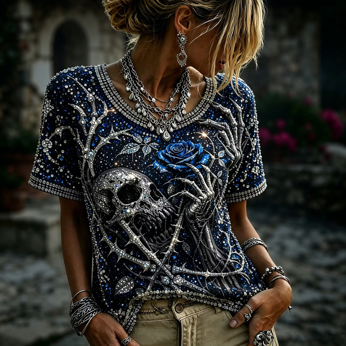 Women's Bohemian Style Skull And Rose Floral Sequin Print Top