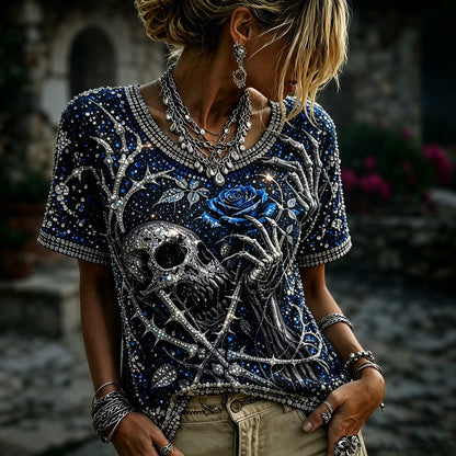 Women's Bohemian Style Skull And Rose Floral Sequin Print Top
