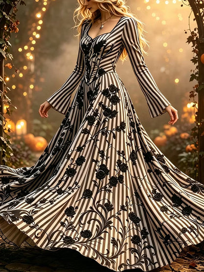 Women's Retro Halloween Striped And Floral V-neck Dress