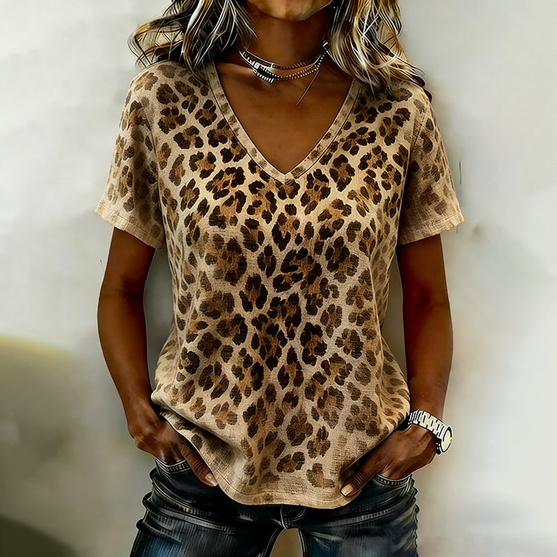 Vintage Leopard And Animal Patchwork Art Pattern Linen Blend Loose Short Sleeve Tops