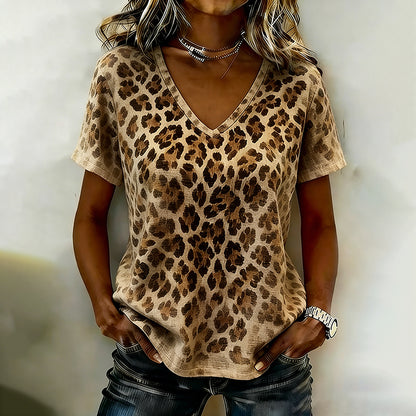 Vintage Leopard And Animal Patchwork Art Pattern Linen Blend Loose Short Sleeve Tops