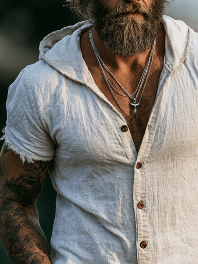 Men's Vintage-Style Lightweight Cotton-Linen Short-Sleeve Hoodie