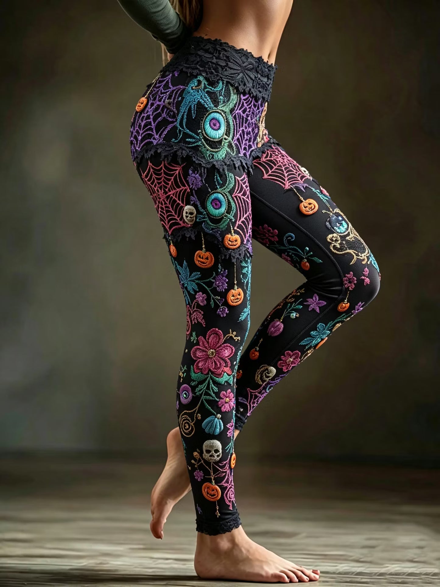 Women's Retro Halloween Spider And Floral Pattern Casual Leggings
