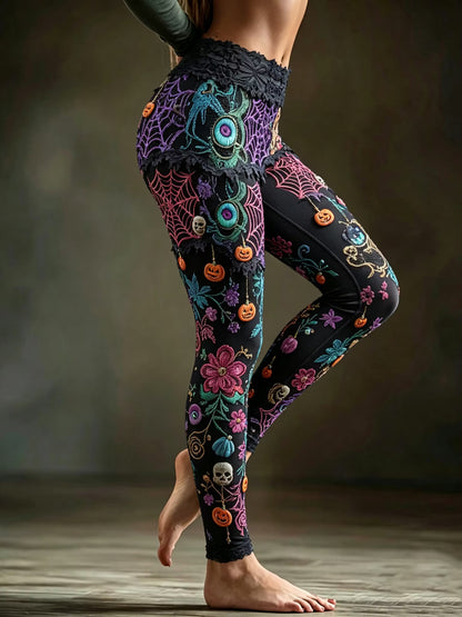 Women's Retro Halloween Spider And Floral Pattern Casual Leggings