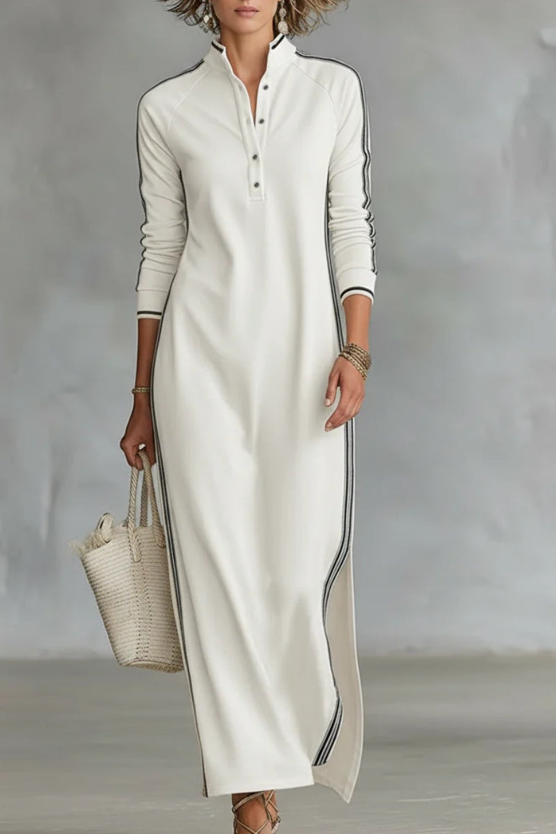 Women's Minimalist White-trimmed Button-down Collar Sweatshirt Dress Maxi Dress