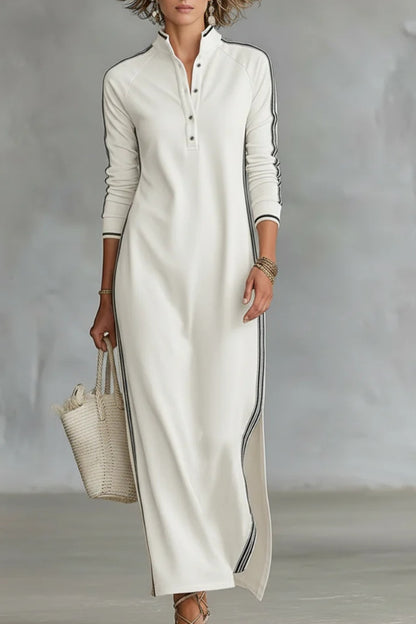Women's Minimalist White-trimmed Button-down Collar Sweatshirt Dress Maxi Dress