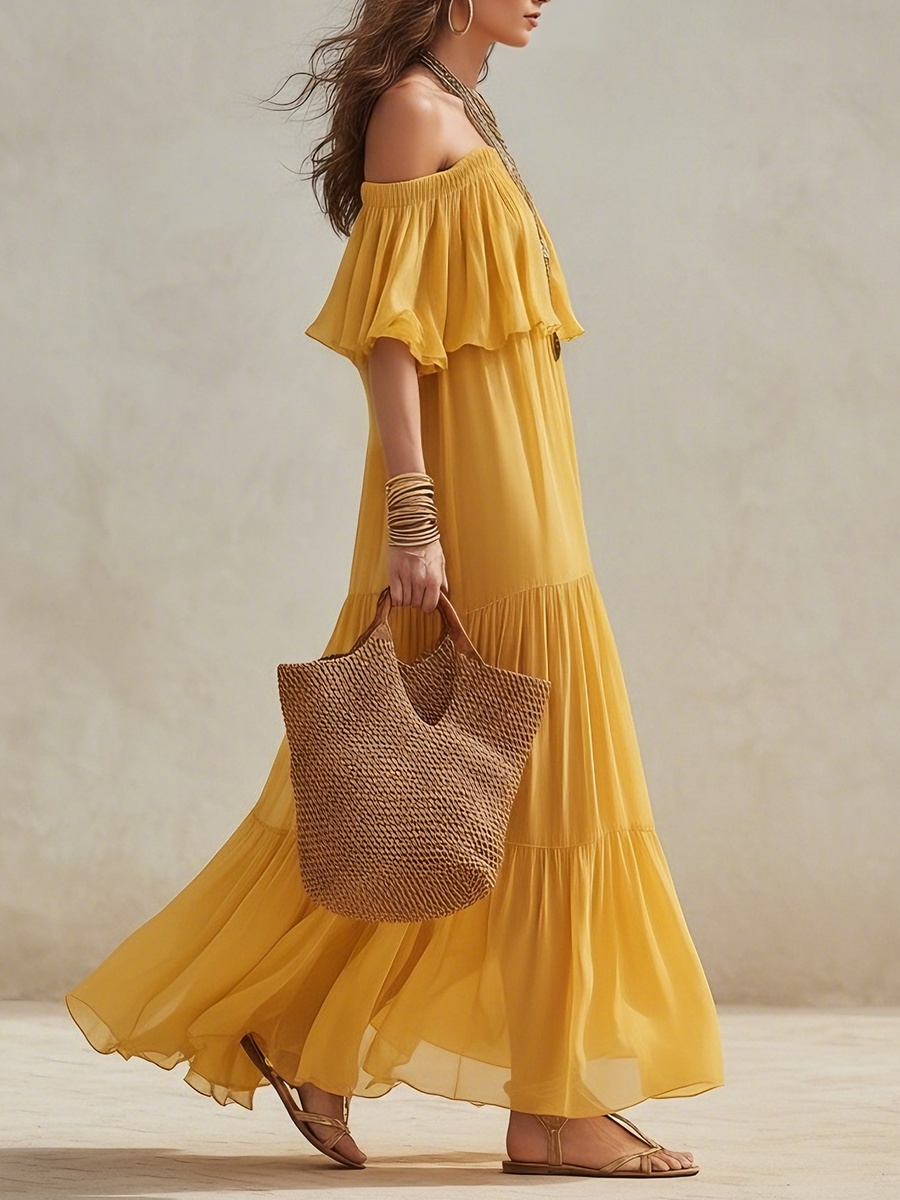 Vibrant Sunflower Yellow Off-the-Shoulder Tiered Chiffon Maxi Dress