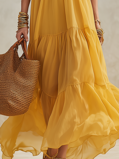 Vibrant Sunflower Yellow Off-the-Shoulder Tiered Chiffon Maxi Dress