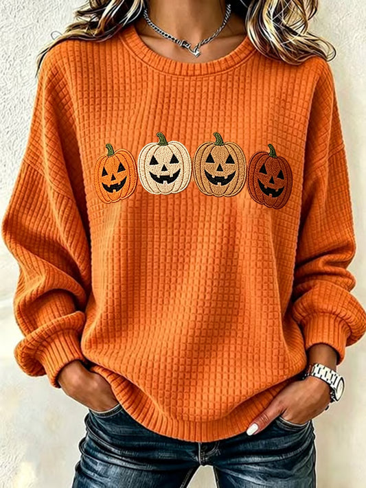 Women's Autumn Pumpkin-Print Crew-Neck Waffle-Knit Sweatshirt