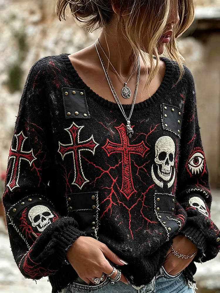 Women's Dark Gothic Vintage Cracked Texture Cross Skull All Seeing Eye Embroidery Pullover