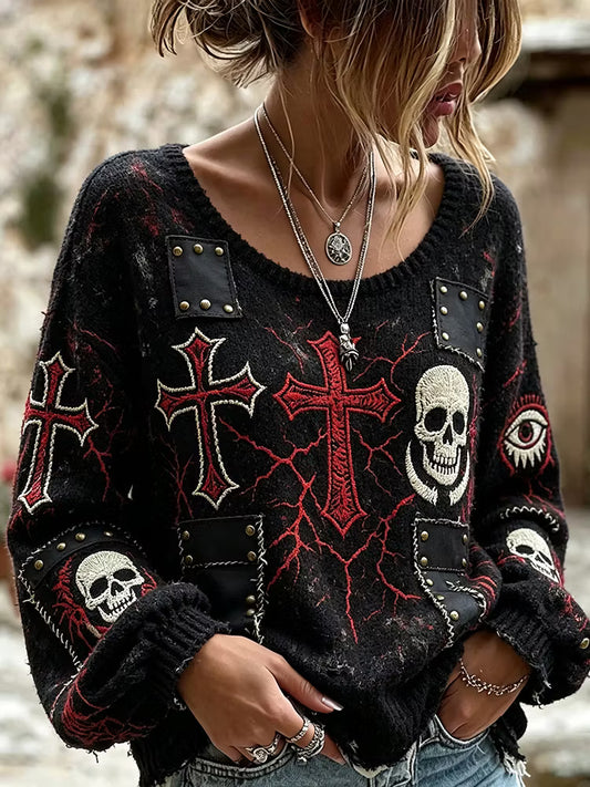 Women's Dark Gothic Vintage Cracked Texture Cross Skull All Seeing Eye Embroidery Pullover
