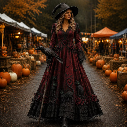 Women’s Black Cat & Rose Applique Gothic V-neck Dress