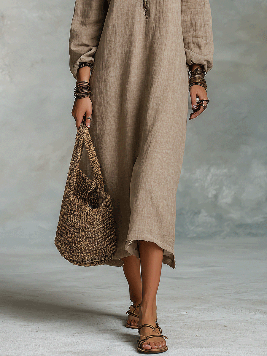 Relaxed Bohemian Cold-Shoulder Linen Midi Dress