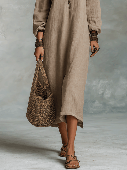 Relaxed Bohemian Cold-Shoulder Linen Midi Dress