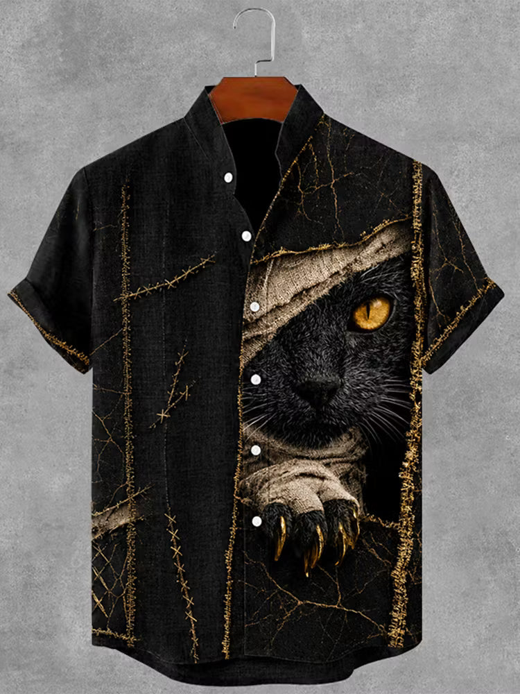 Men's Gothic Bandage Black Cat Art Short Sleeve Linen Shirt
