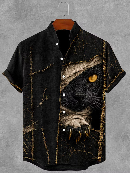 Men's Gothic Bandage Black Cat Art Short Sleeve Linen Shirt