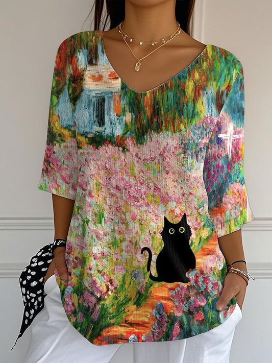 Women's Faith Cute Cat Oil Painting Style V-Neck Print Long Striped Top