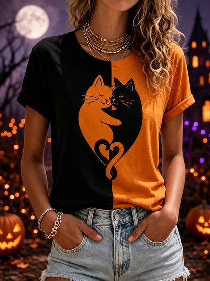 Women's Retro Halloween Cute Cat Print T-shirt