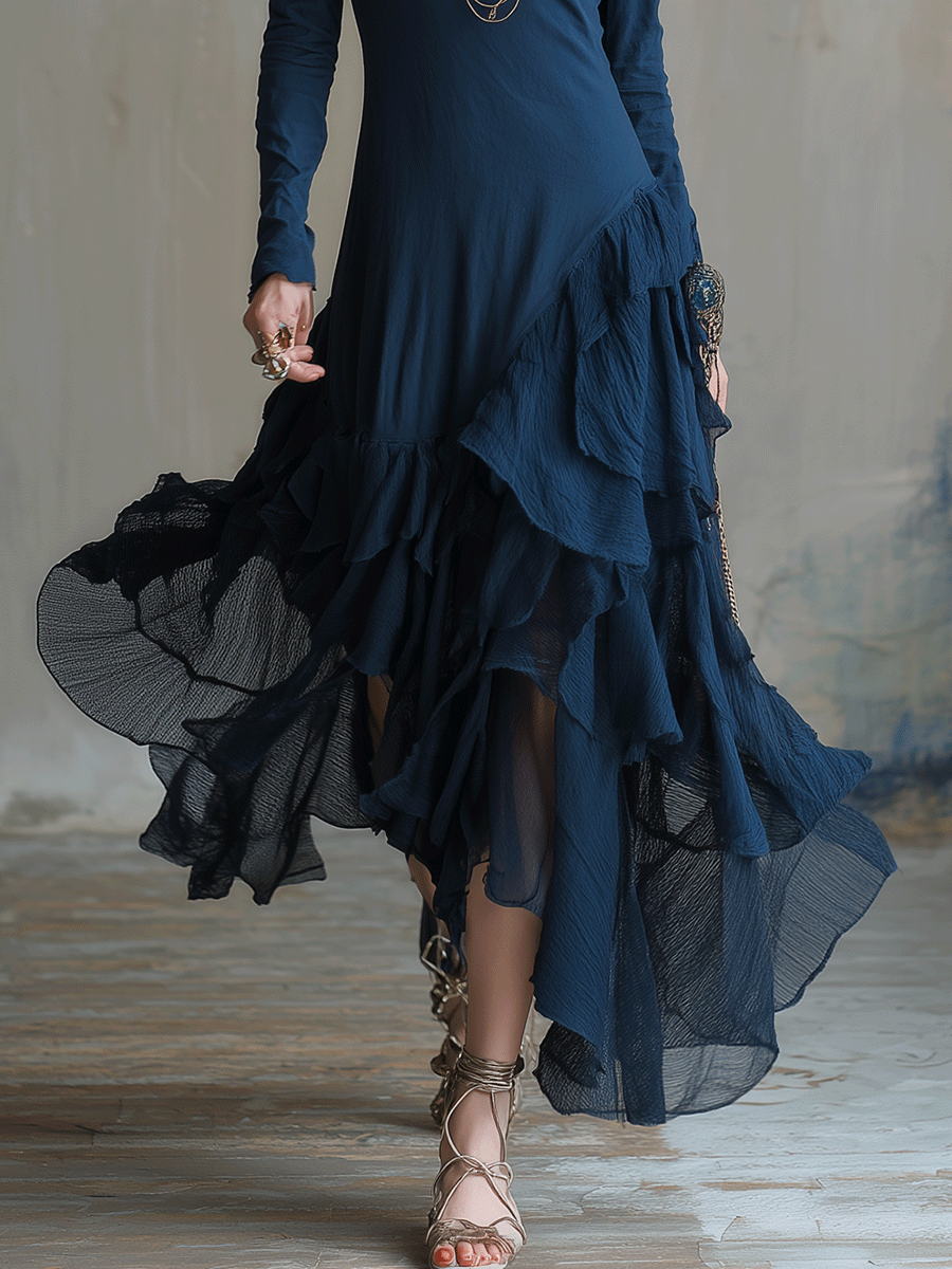 Bohemian Asymmetric Ruffle Chiffon Maxi Dress Navy Blue