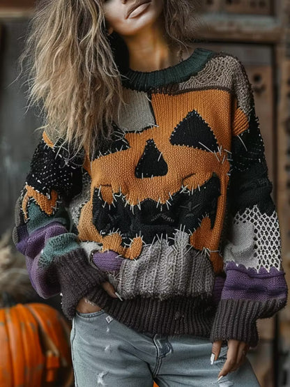 Halloween Horror Face Patchwork Stitched Comfortable Casual Crewneck Sweater