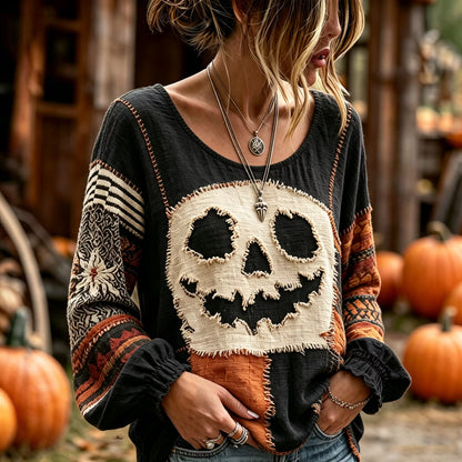 Women's Halloween Jack-o'-lantern Art Embroidered Linen Blend Round Neck Long Sleeve Tops