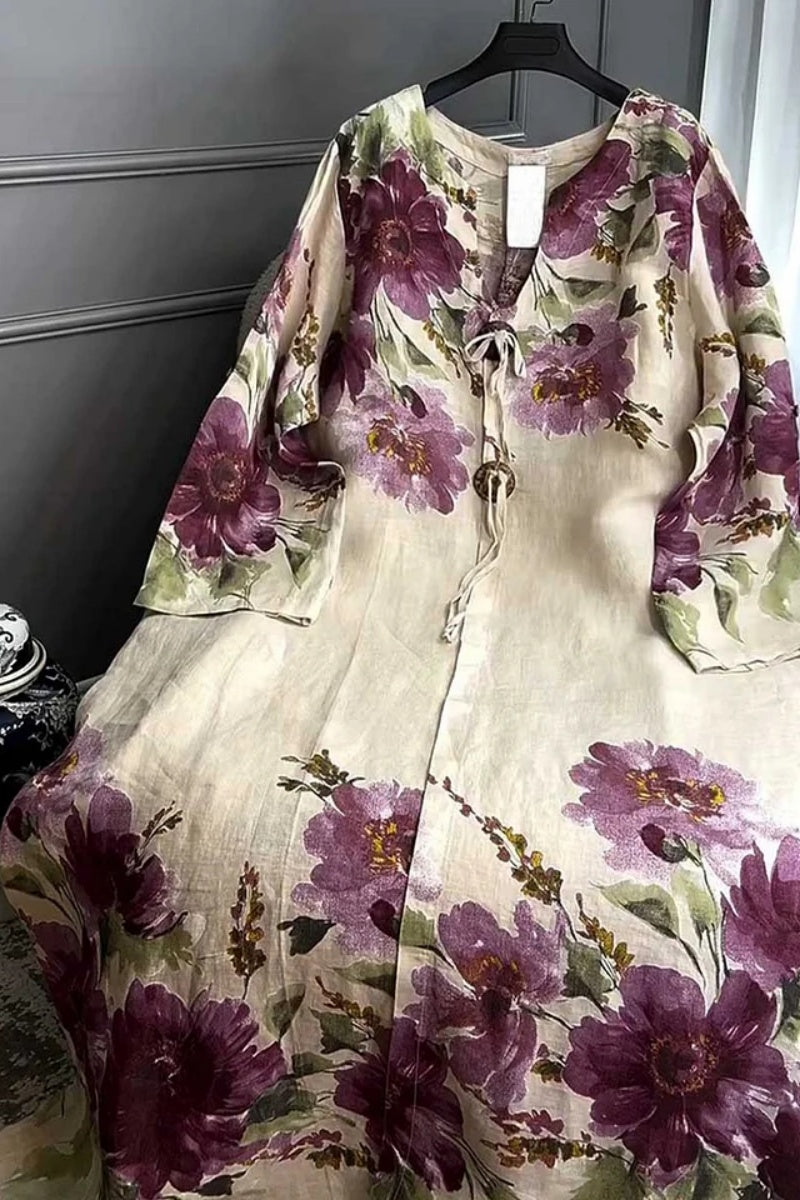 V-neck Long-sleeved Button-decorated Printed Casual Loose Dress