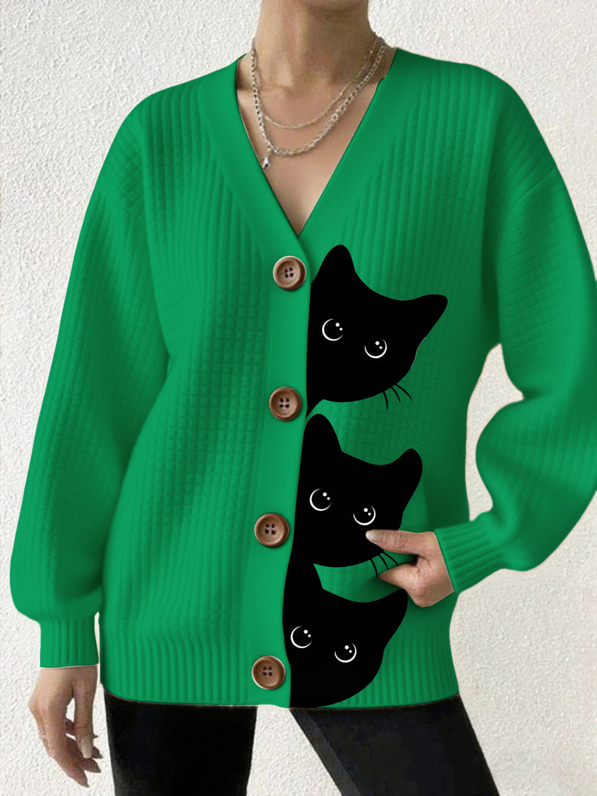 Women's Halloween Fun Black Cat Print Cardigan Sweater