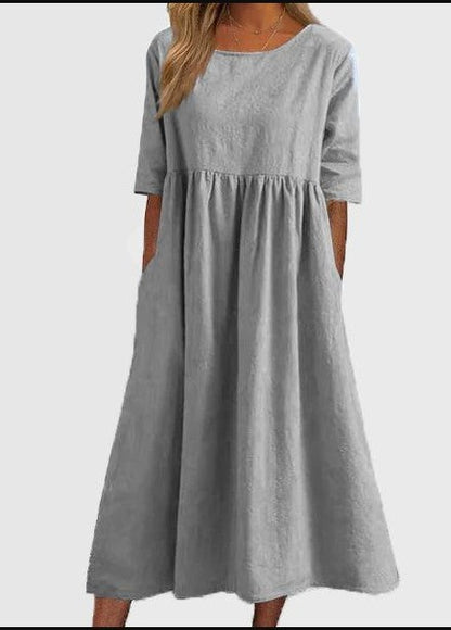 2025 spring and summer new round neck 5-quarter sleeve large size loose long cotton and linen dress