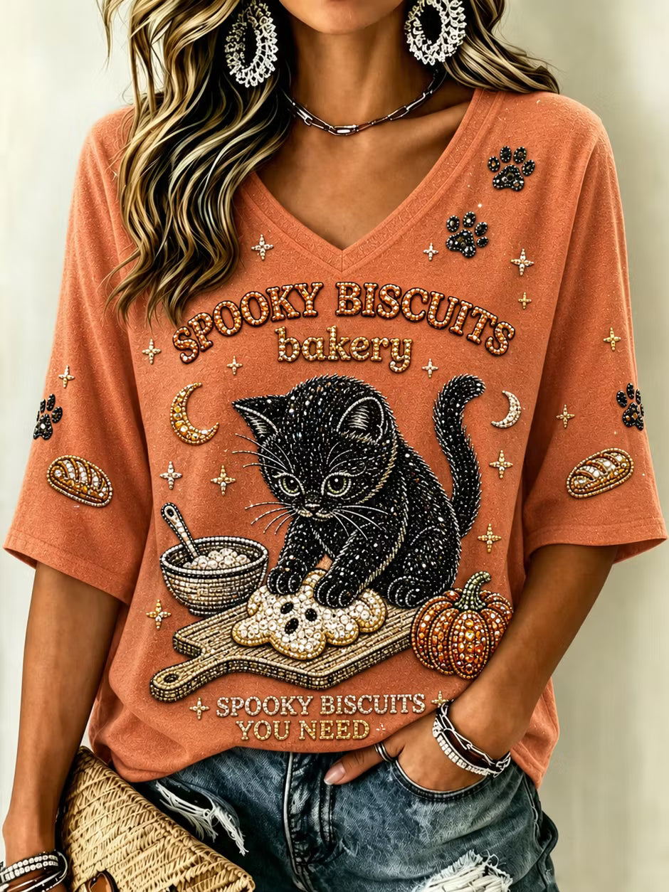 Women's Cat Making Ghost Cookies Art Print V-neck T-shirt