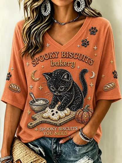 Women's Cat Making Ghost Cookies Art Print V-neck T-shirt
