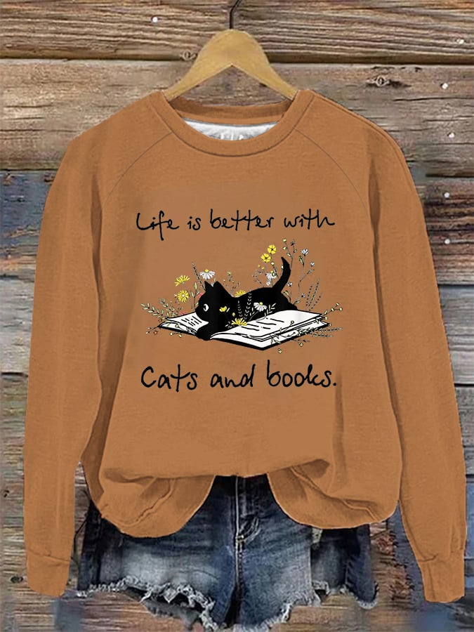 Fun Cat Print Casual Crew Neck Sweatshirt