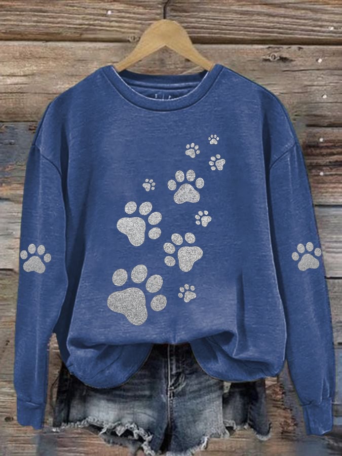 Women'S Silver Glitter CAT Paw Print Casual Sweatshirt