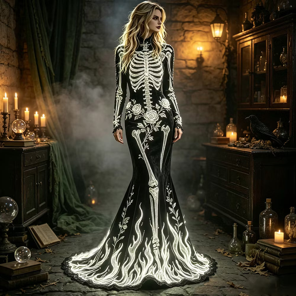 Women's Halloween Dark Gothic White Skull And Rose Art Elegant Velvet Round Neck Long Sleeve Dress
