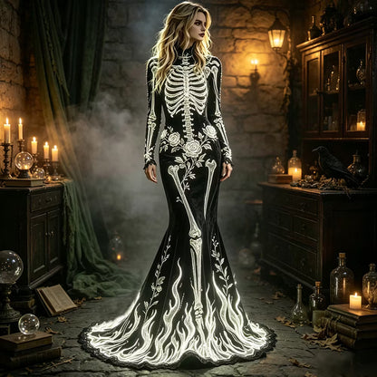 Women's Halloween Dark Gothic White Skull And Rose Art Elegant Velvet Round Neck Long Sleeve Dress