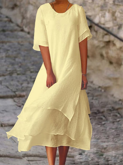Polyester Cotton Double-Layer Color-Block Slit Short-Sleeved Round Neck Dress