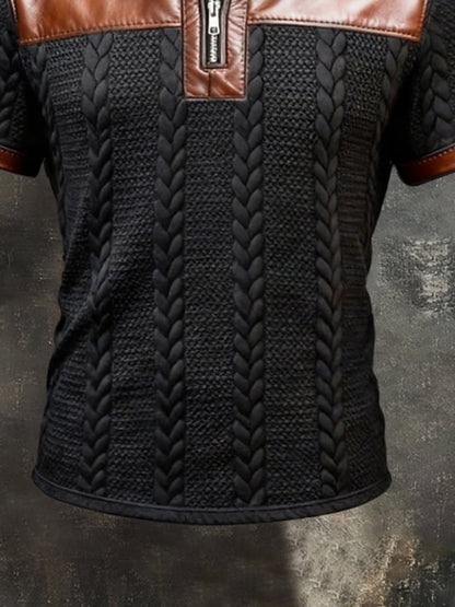 Men'S Short-Sleeve Polo-Collar Top With Retro Leather Paneling And Color-Block Design