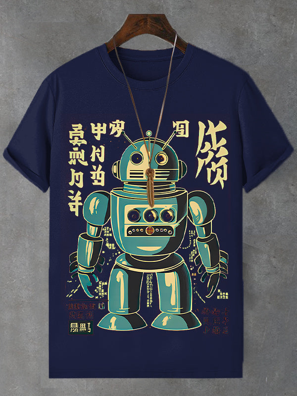 Men's Retro Robot Japanese Art Print Cotton Casual T-Shirt