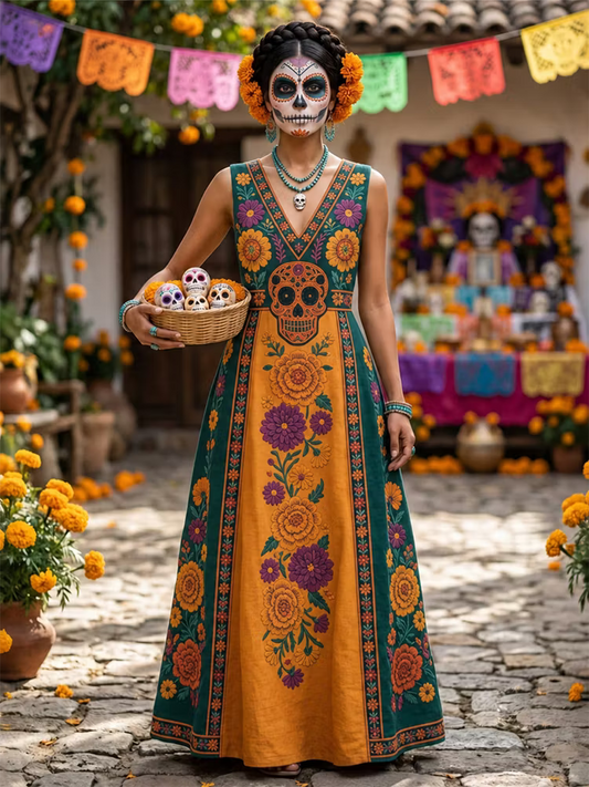 Women's Retro Color Block Floral Skull Holiday Cotton Linen V-neck Sleeveless Dress