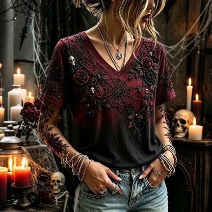 Women's Retro Skull Rose Spider V-neck Cotton Linen Short-sleeve T-shirt