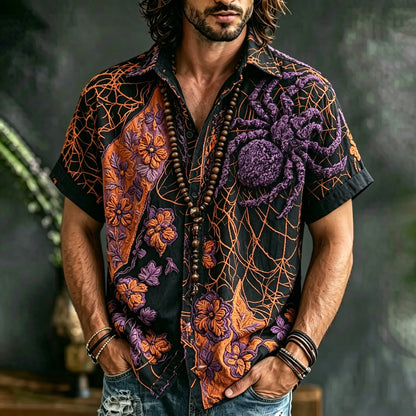 Men's Retro Halloween Spider Web Floral Patchwork Embroidered Button Shirt