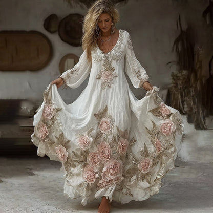 Women's Vintage Pink Floral Embroidery Art Comfy Linen Maxi Dress