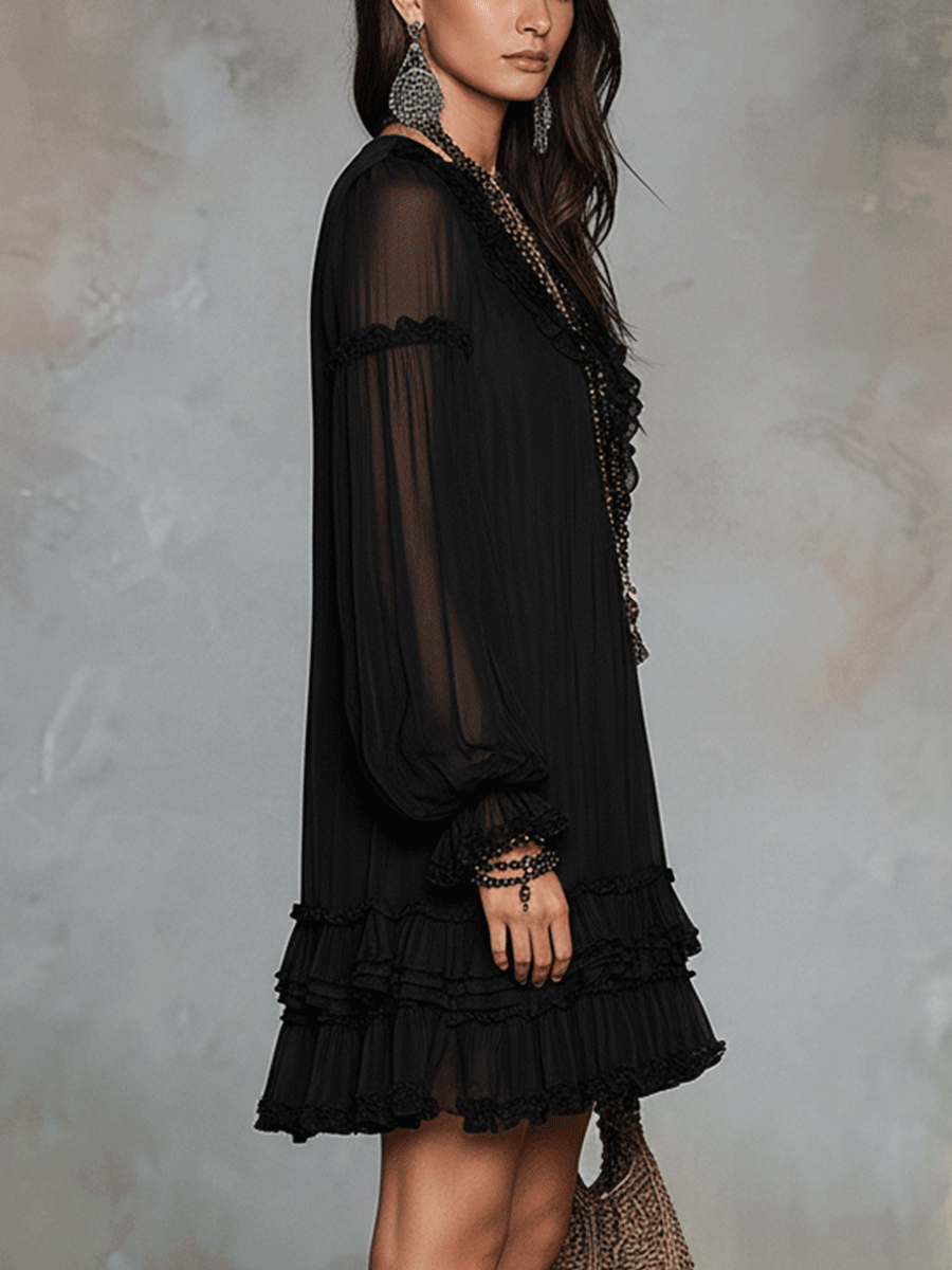 Bohemian Black Chiffon Dress With Soft Ruffle Trim