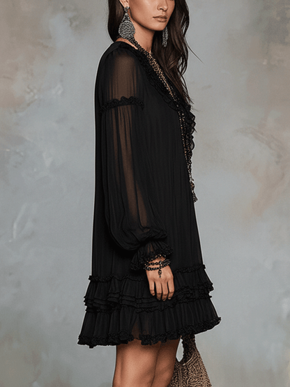 Bohemian Black Chiffon Dress With Soft Ruffle Trim
