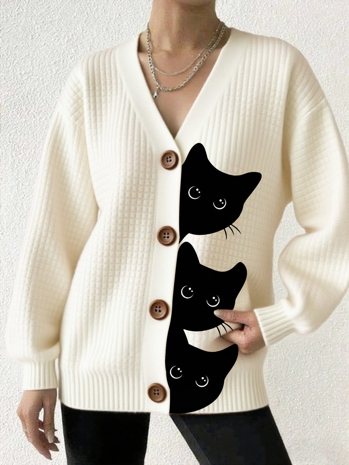 Women's Halloween Fun Black Cat Print Cardigan Sweater