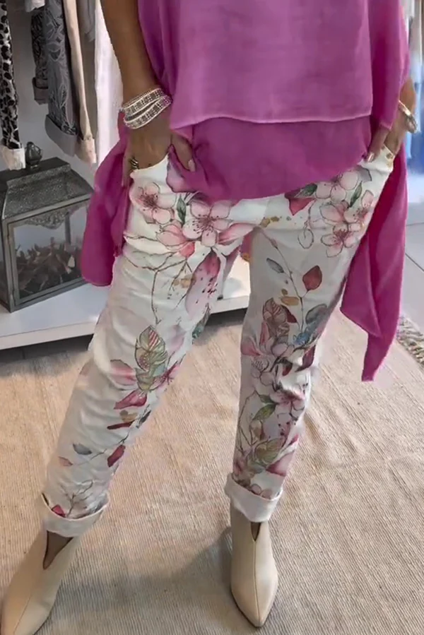 Women'S Floral Print Elastic Waist Casual Pocket Pants  (With Pockets)