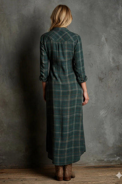 Women's Plaid Lapel Single-Breasted Shirt Maxi Dress