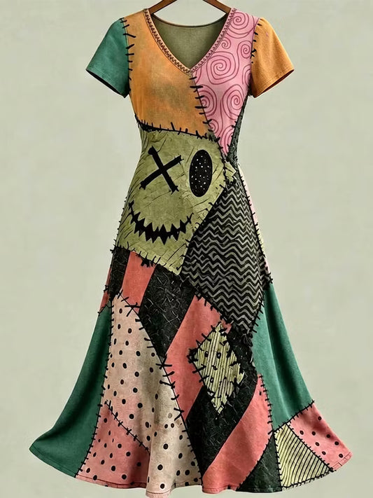 Women's Halloween Color Block Pattern Casual Short-sleeve Dress