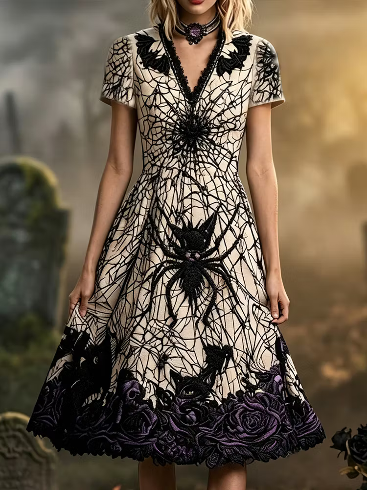 Women's Gothic Short-sleeved Maxi Dress, Adorned With Giant Spiders, Spiderwebs, And Purple Rose Prints.